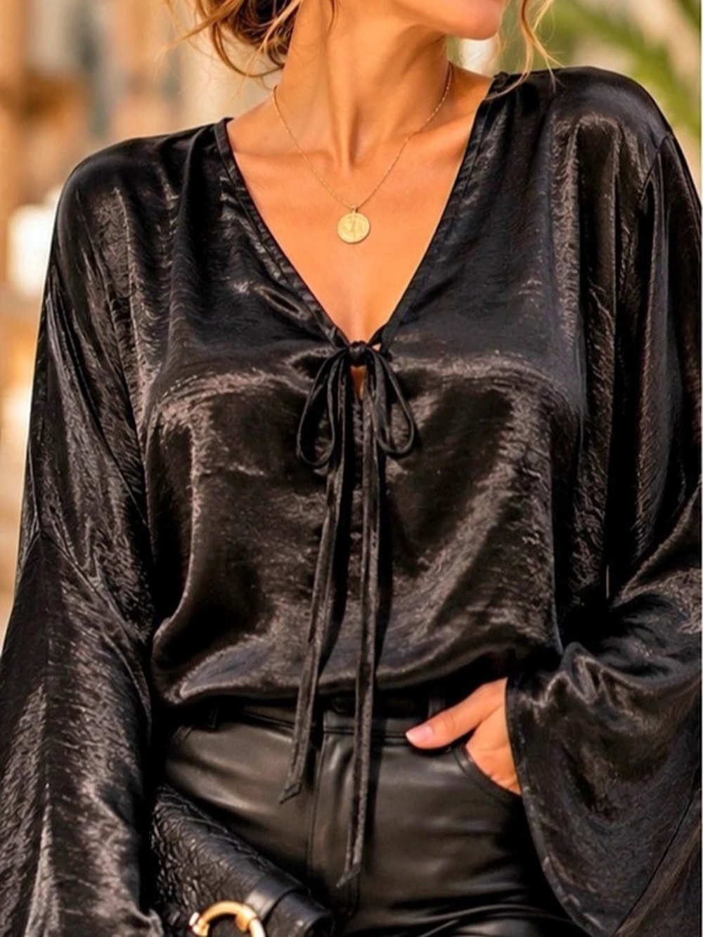 Ava & Viv Black Satin Tie Front Bell Sleeve Blouse Plus Size 1X